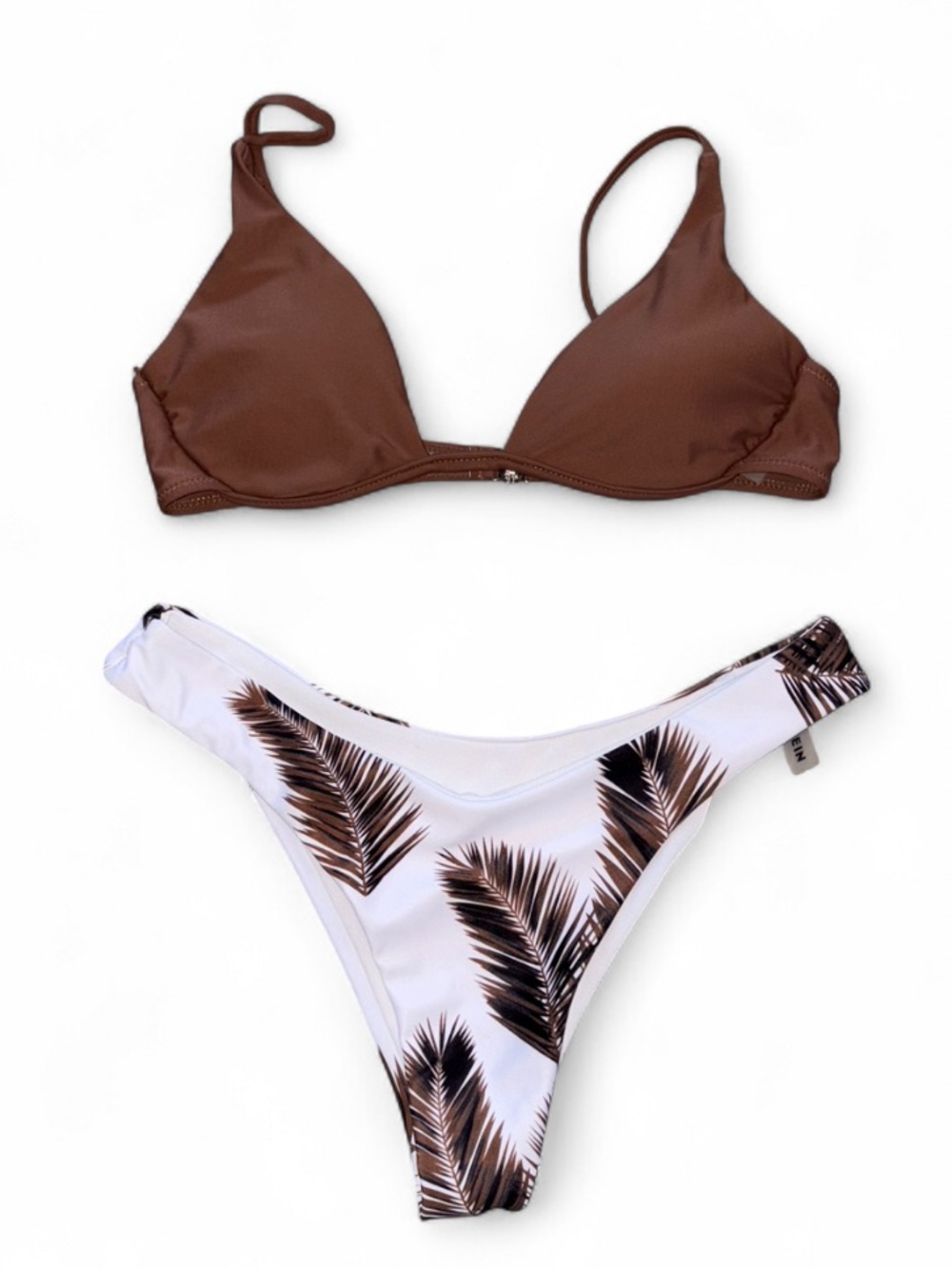 Shein Brown Triangle Bikini Top & White Palm-Print Bottom - Women Swim